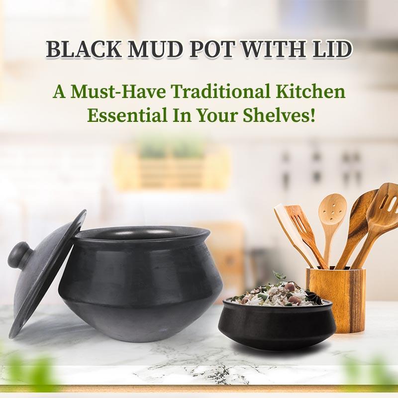 black cooking mud pot with lid by organic gyaan