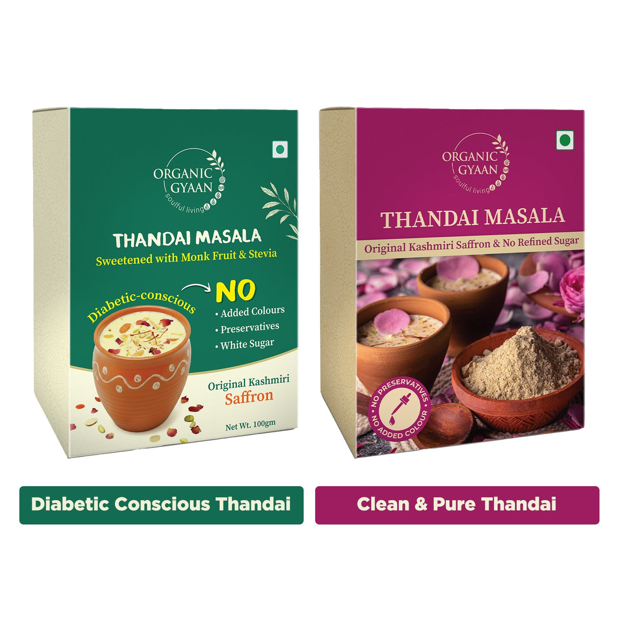 Two boxes of Organic Gyaan Thandai Masala on a white background